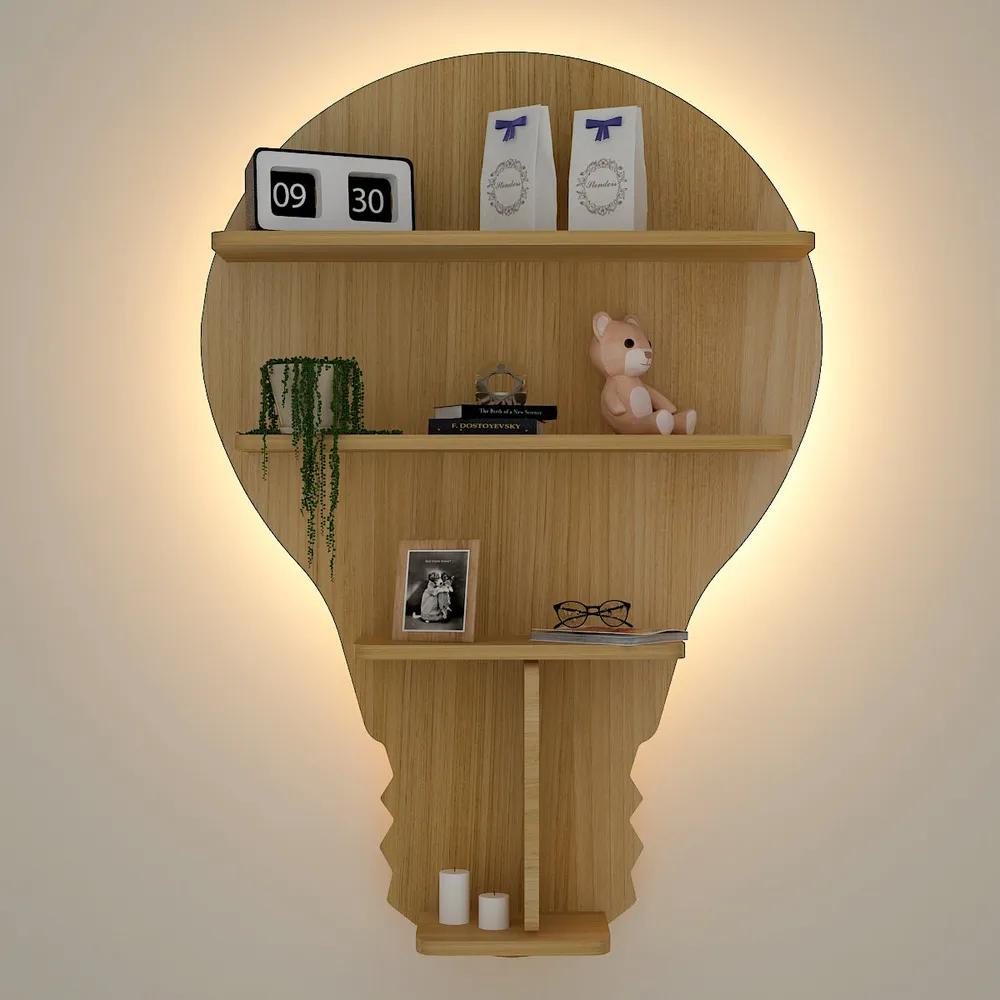 Bulb Shape Backlit Wood Wall Shelf / Book Shelf / Night Light, Light Oak Finish Regular ( 22 inches x 32 inches )