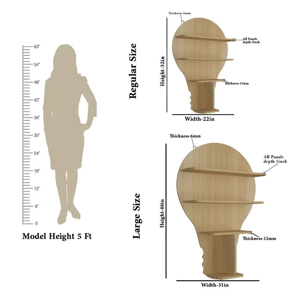 Bulb Shape Backlit Wood Wall Shelf / Book Shelf / Night Light, Light Oak Finish Regular ( 22 inches x 32 inches )