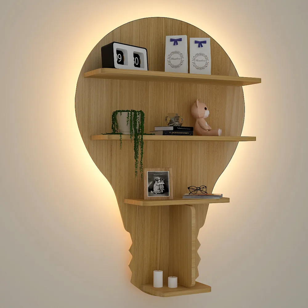 Bulb Shape Backlit Wood Wall Shelf / Book Shelf / Night Light, Light Oak Finish Regular ( 22 inches x 32 inches )