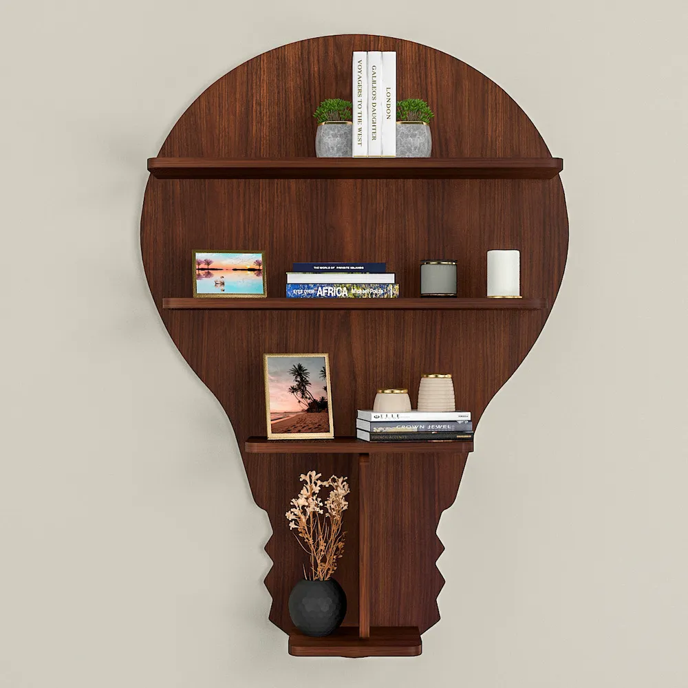 Bulb Shape Backlit Wood Wall Shelf / Book Shelf / Night Light, Walnut Finish Regular ( 22 inches x 32 inches )
