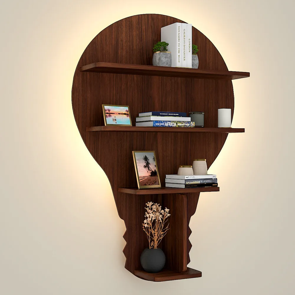 Bulb Shape Backlit Wood Wall Shelf / Book Shelf / Night Light, Walnut Finish Regular ( 22 inches x 32 inches )
