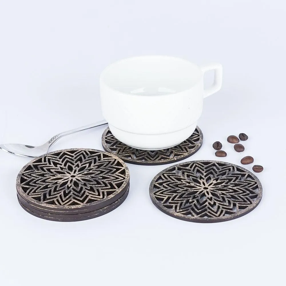 Burnt Motif Spiral Wooden Coasters Set Of 3