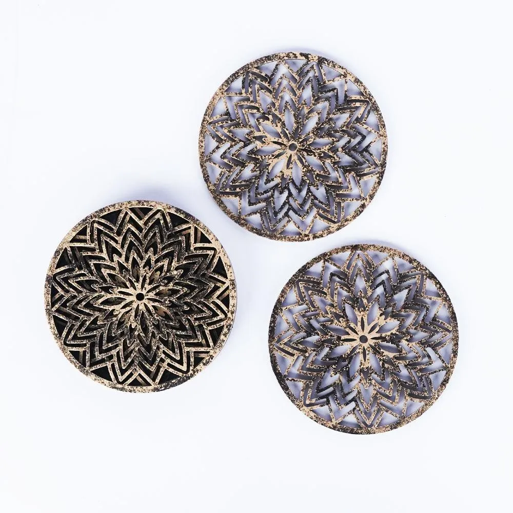 Burnt Motif Spiral Wooden Coasters Set Of 3