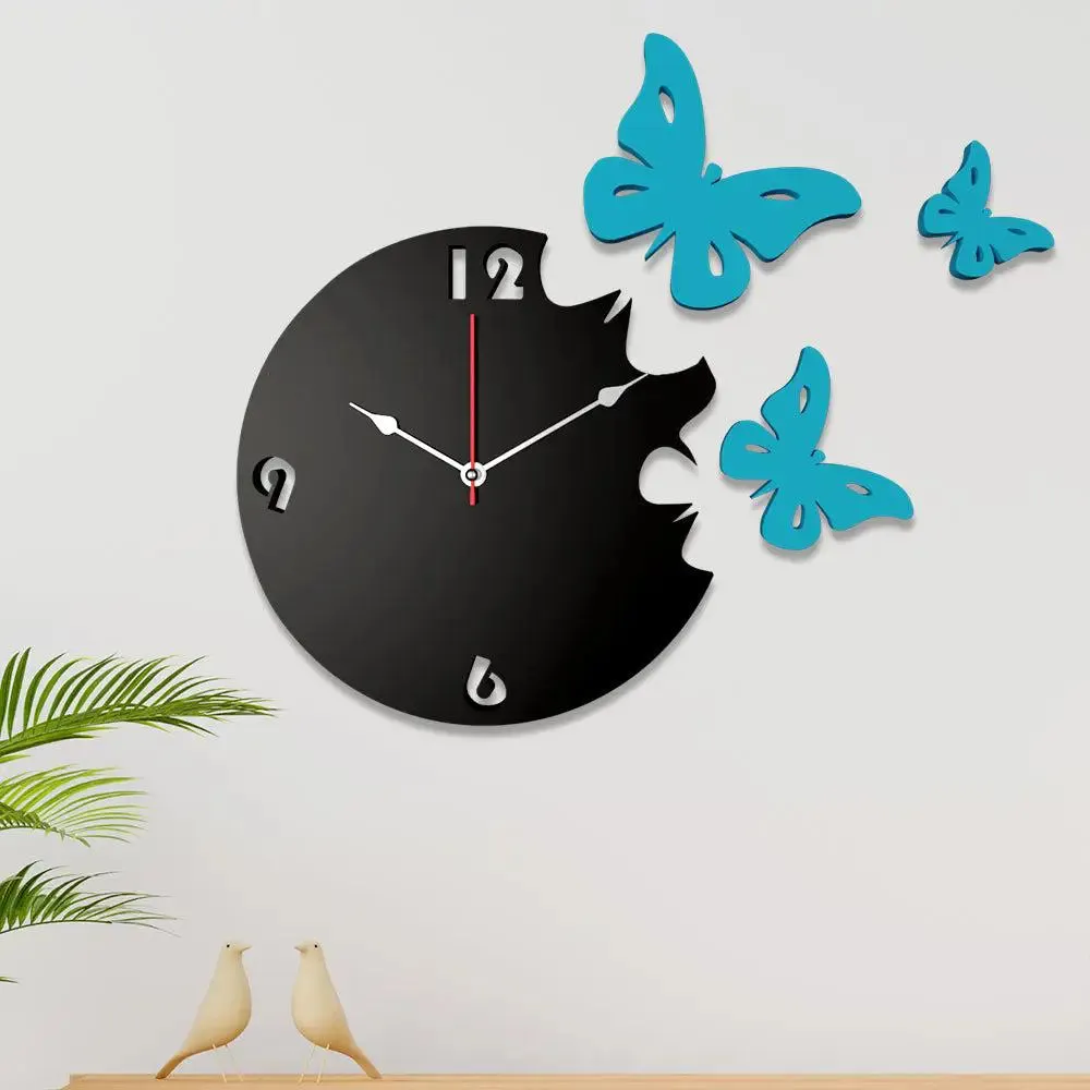 Butterfly in Blue Color Wooden Wall Clock