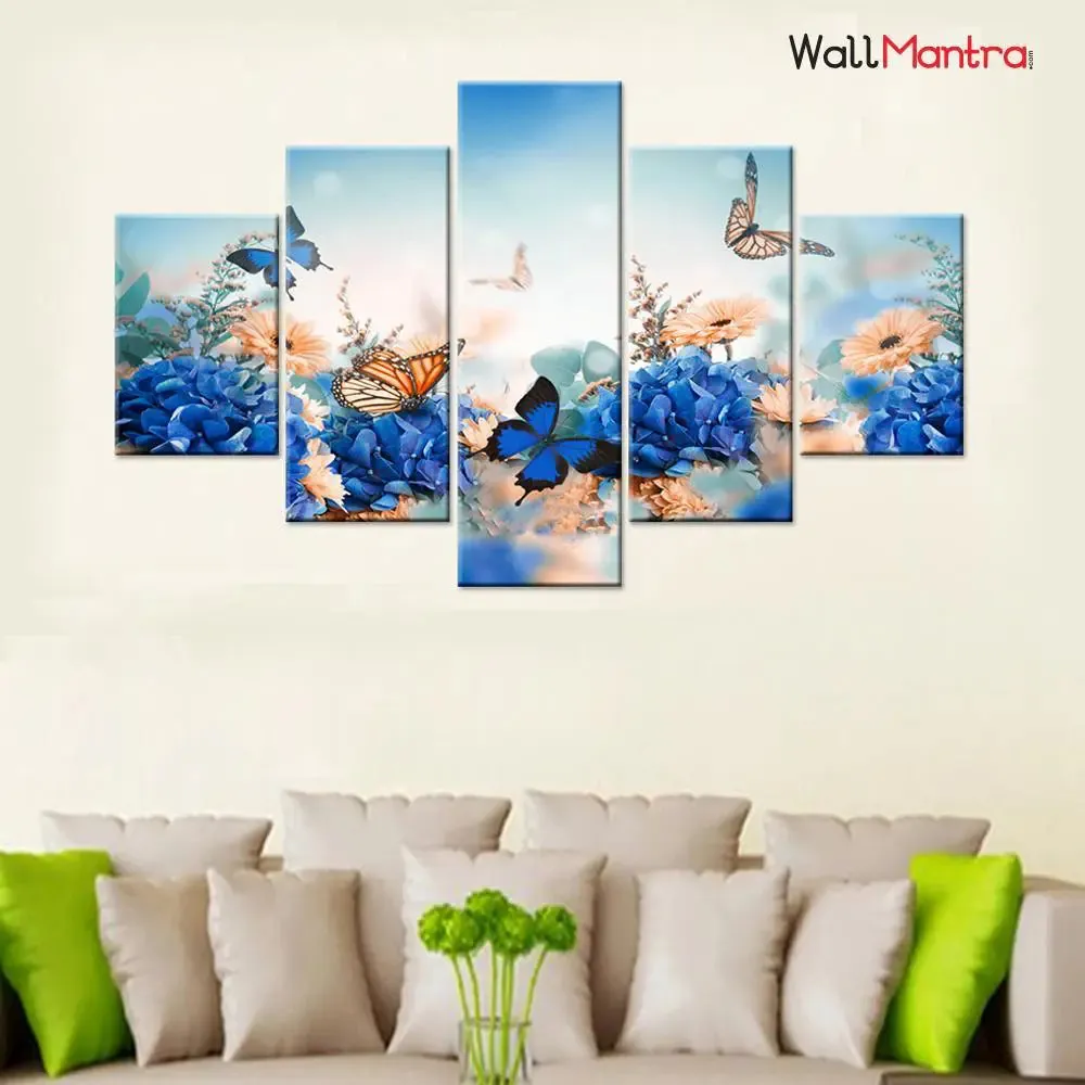 Butterfly in Flowers Garden Framed Canvas Print 5 Pieces Wall Painting