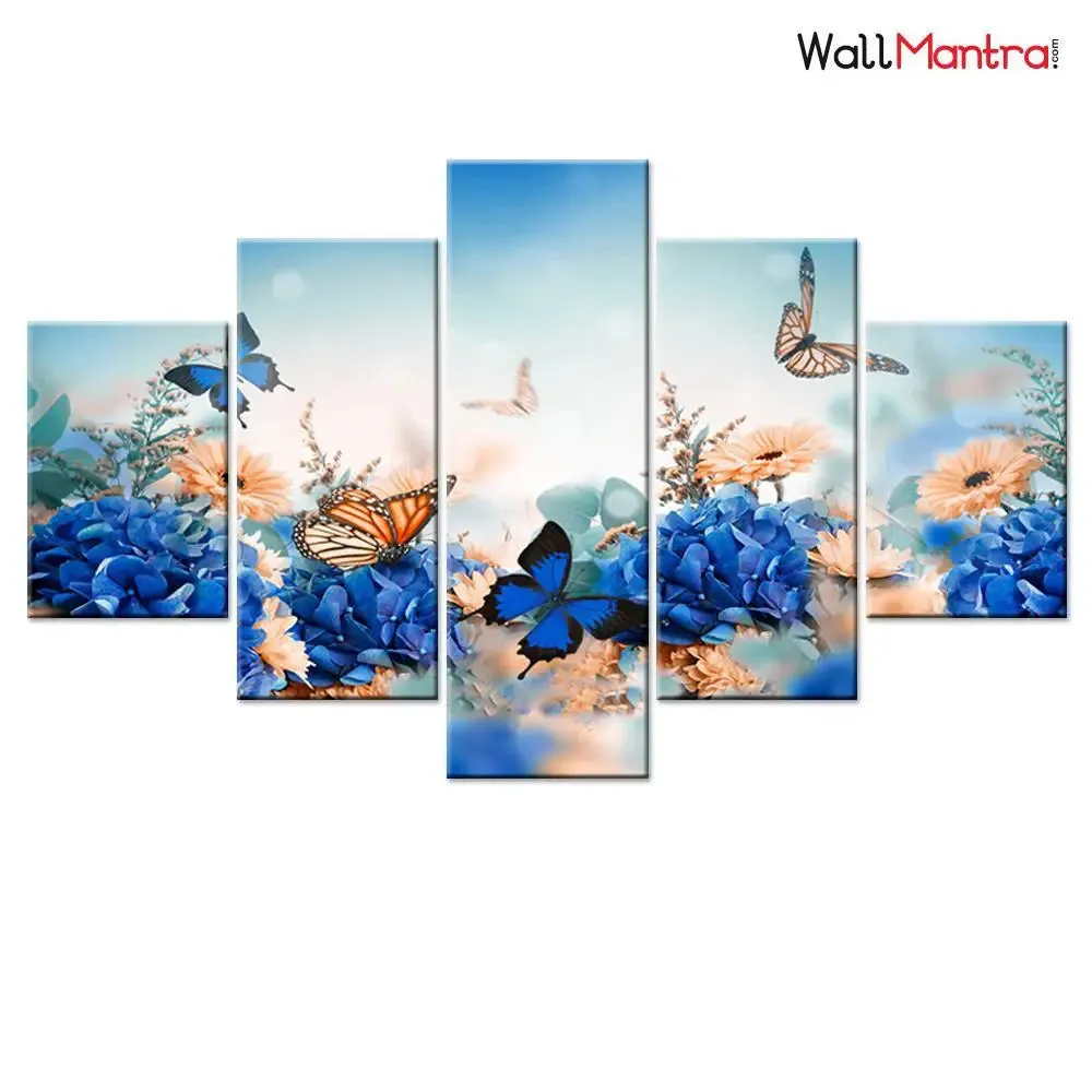 Butterfly in Flowers Garden Framed Canvas Print 5 Pieces Wall Painting
