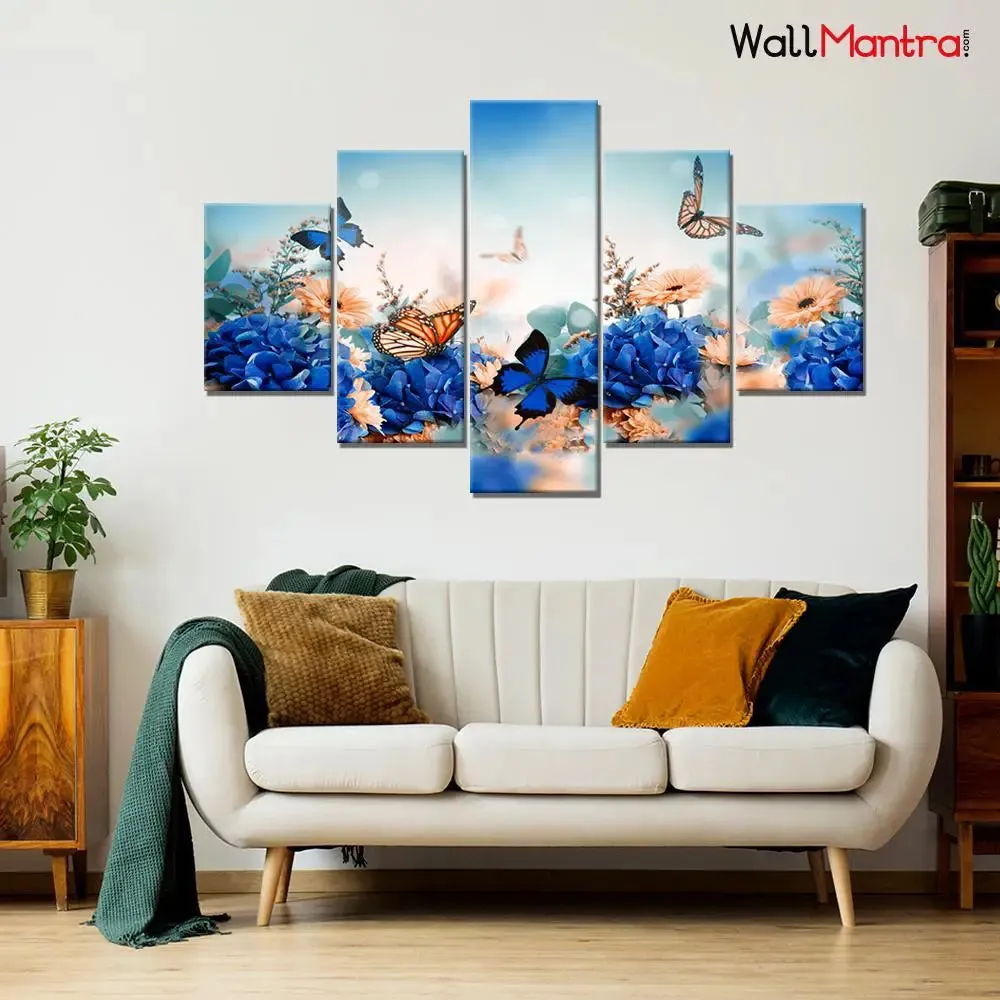 Butterfly in Flowers Garden Framed Canvas Print 5 Pieces Wall Painting