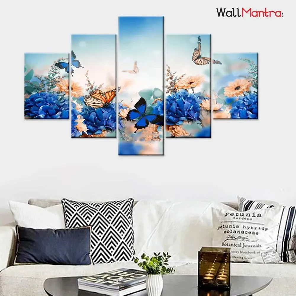Butterfly in Flowers Garden Framed Canvas Print 5 Pieces Wall Painting