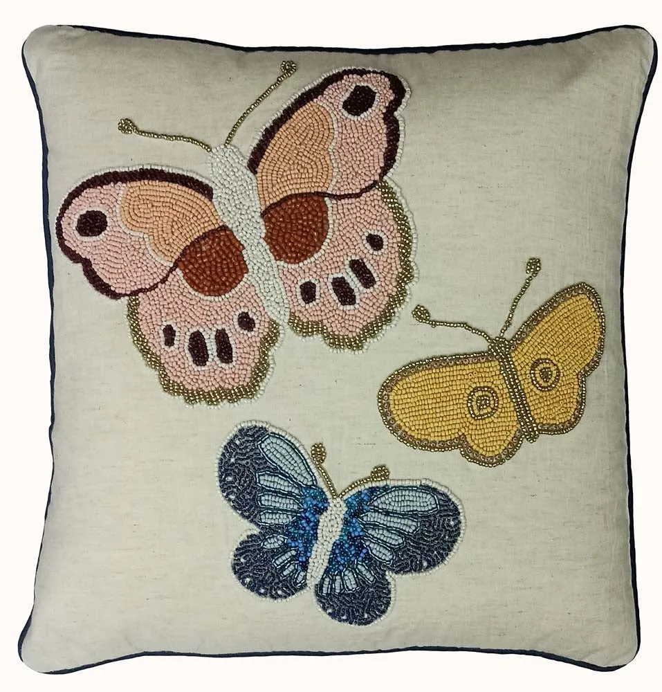 Butterfly Printed White Poly Dupion Cushion Cover