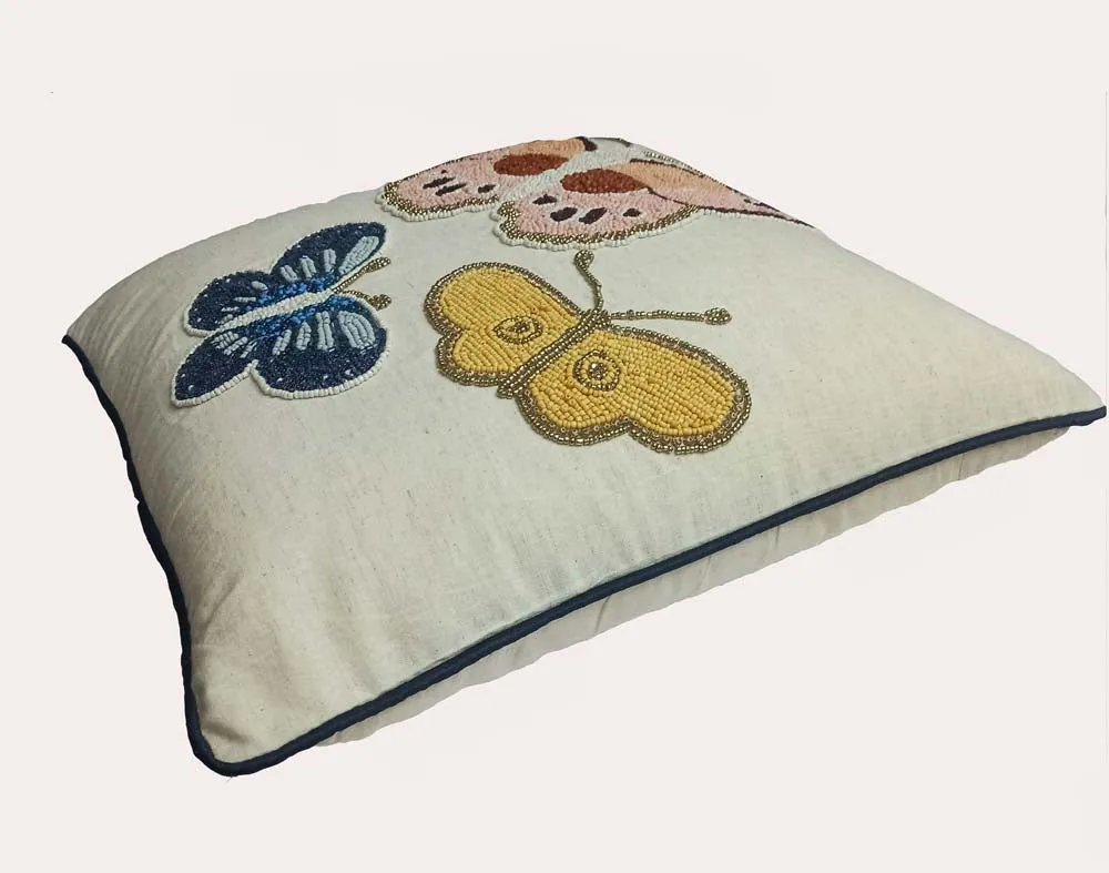 Butterfly Printed White Poly Dupion Cushion Cover