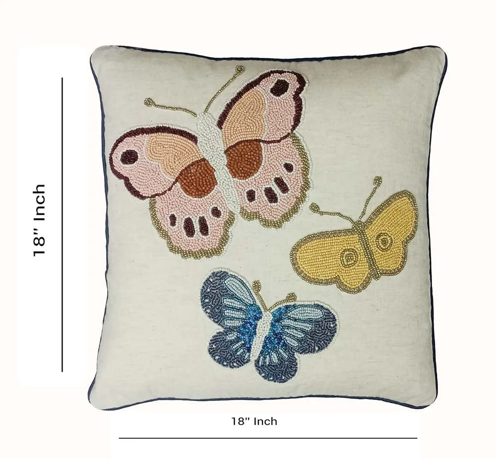Butterfly Printed White Poly Dupion Cushion Cover
