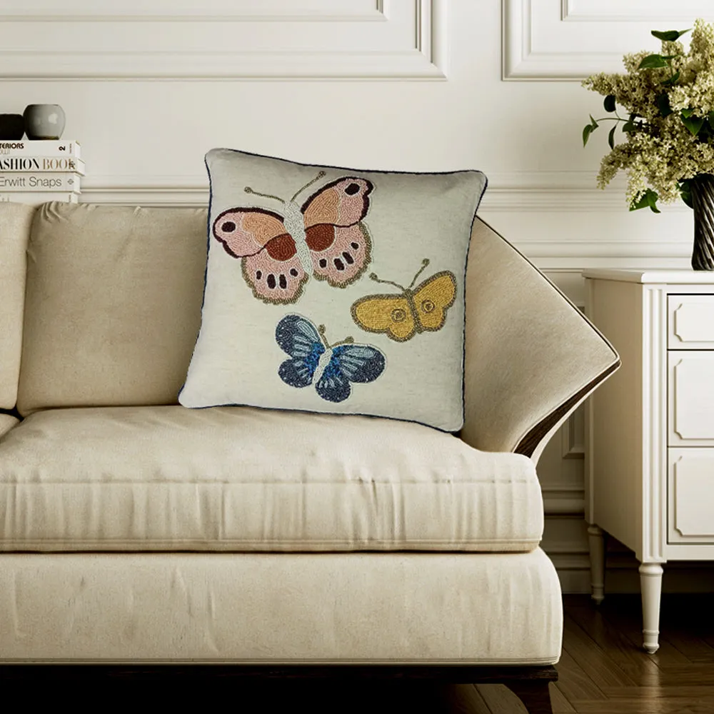 Butterfly Printed White Poly Dupion Cushion Cover