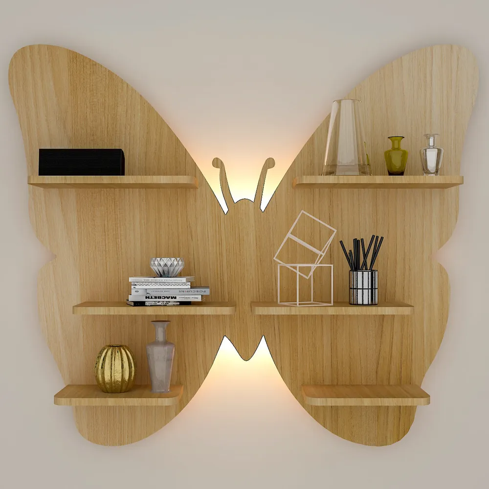 Butterfly Shape Backlit Wood Wall Shelf / Book Shelf / Night Light, Light Oak Finish Regular ( 32 inches x 28 inches )