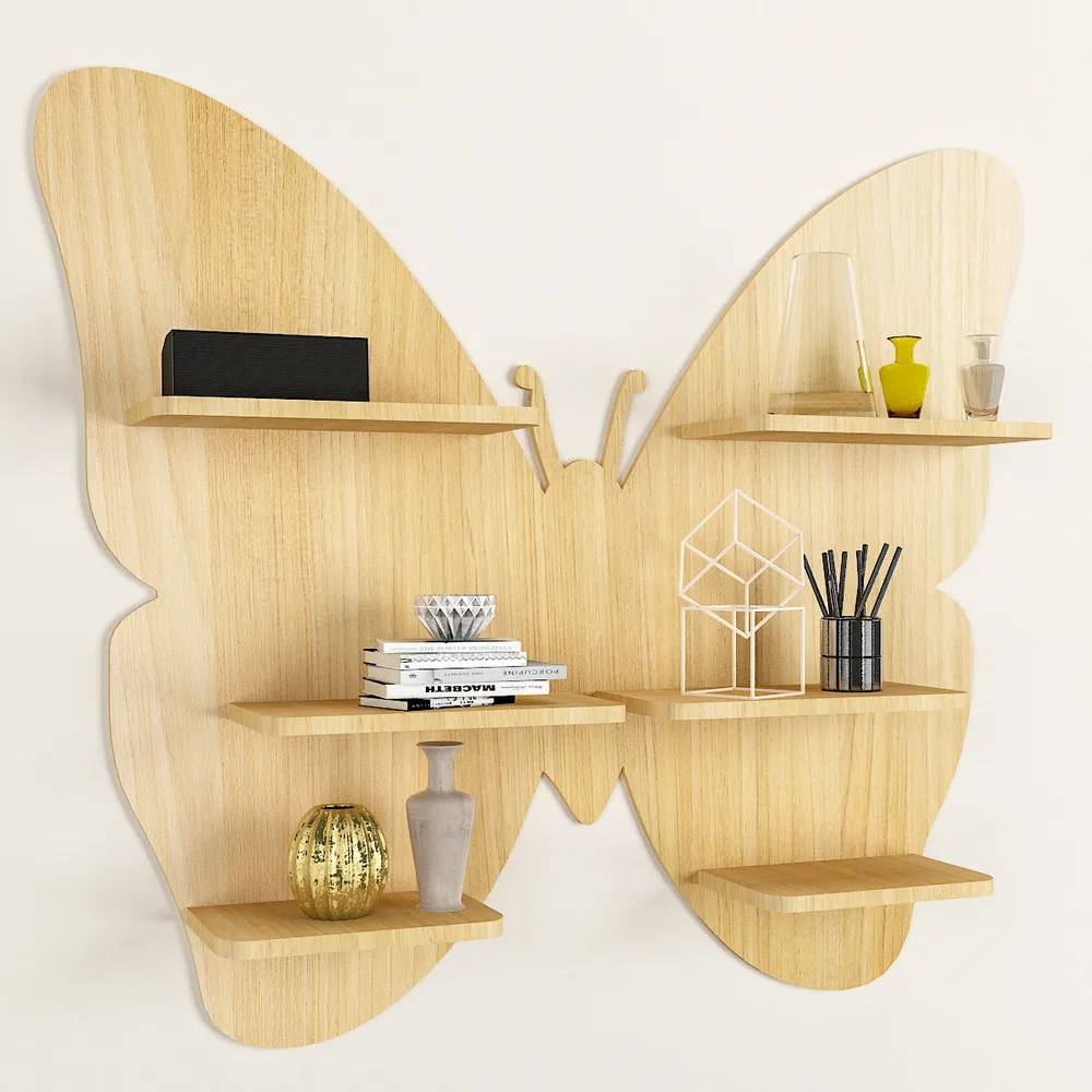 Butterfly Shape Backlit Wood Wall Shelf / Book Shelf / Night Light, Light Oak Finish Regular ( 32 inches x 28 inches )