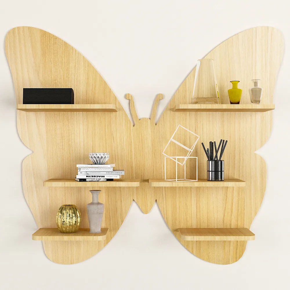 Butterfly Shape Backlit Wood Wall Shelf / Book Shelf / Night Light, Light Oak Finish Regular ( 32 inches x 28 inches )