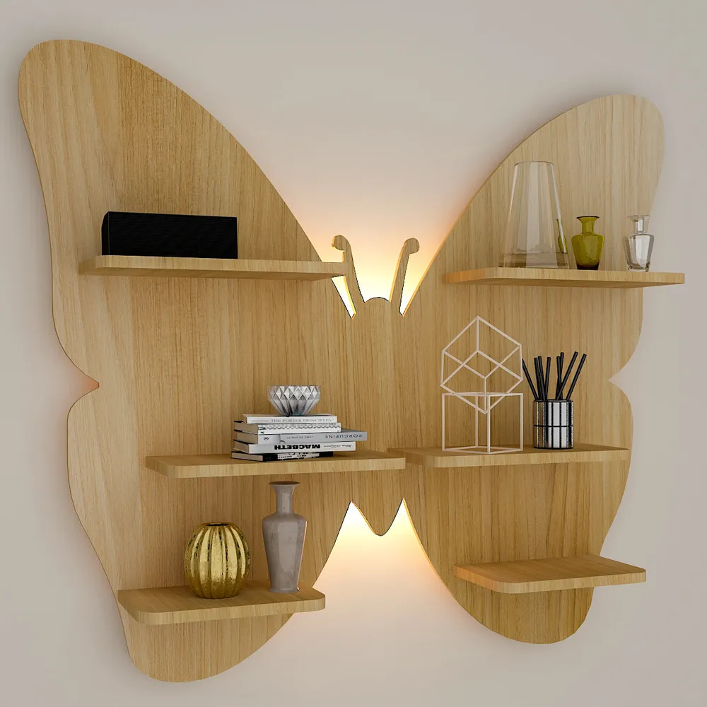 Butterfly Shape Backlit Wood Wall Shelf / Book Shelf / Night Light, Light Oak Finish Regular ( 32 inches x 28 inches )