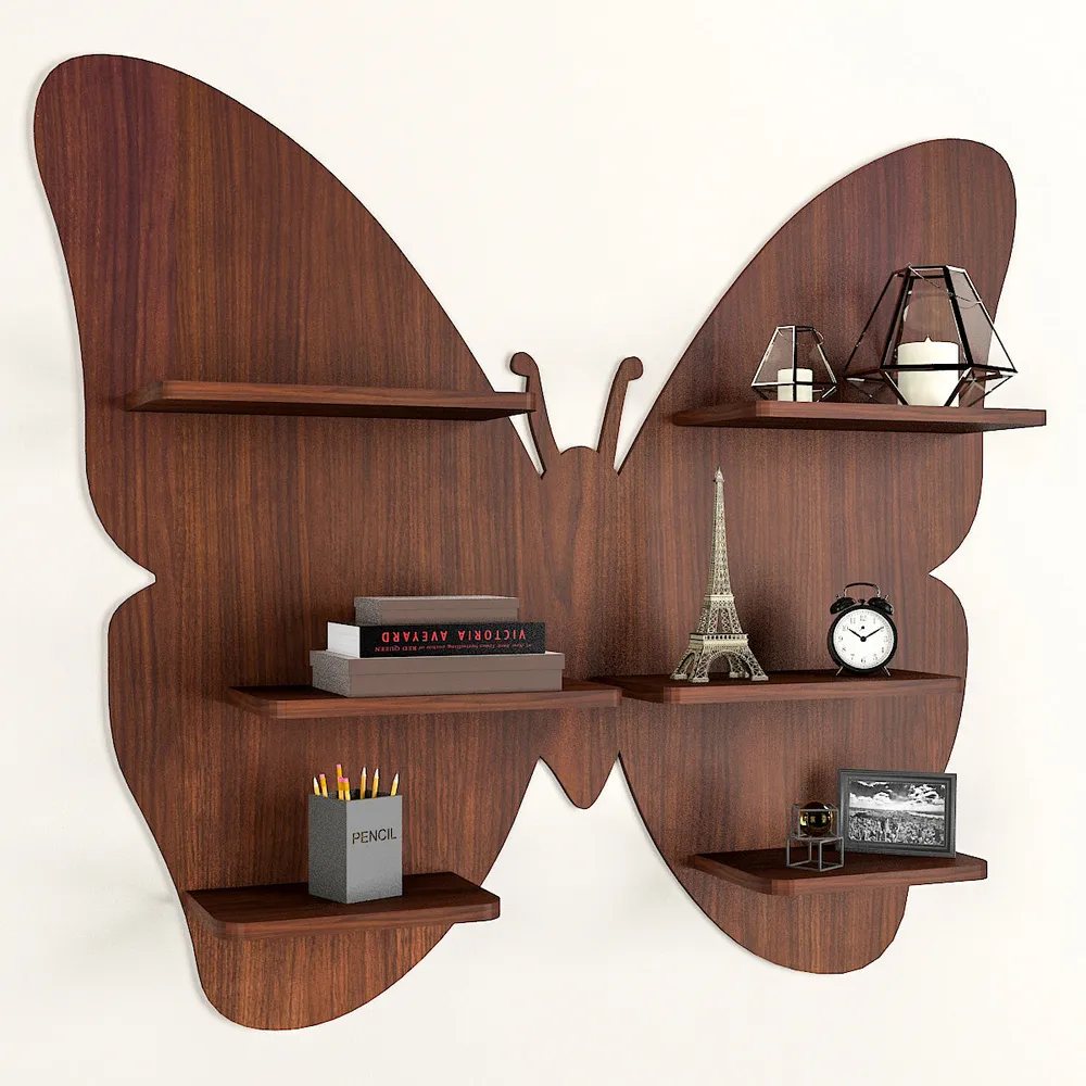 Butterfly Shape Backlit Wood Wall Shelf / Book Shelf / Night Light, Walnut Finish Regular ( 32 inches x 28 inches )