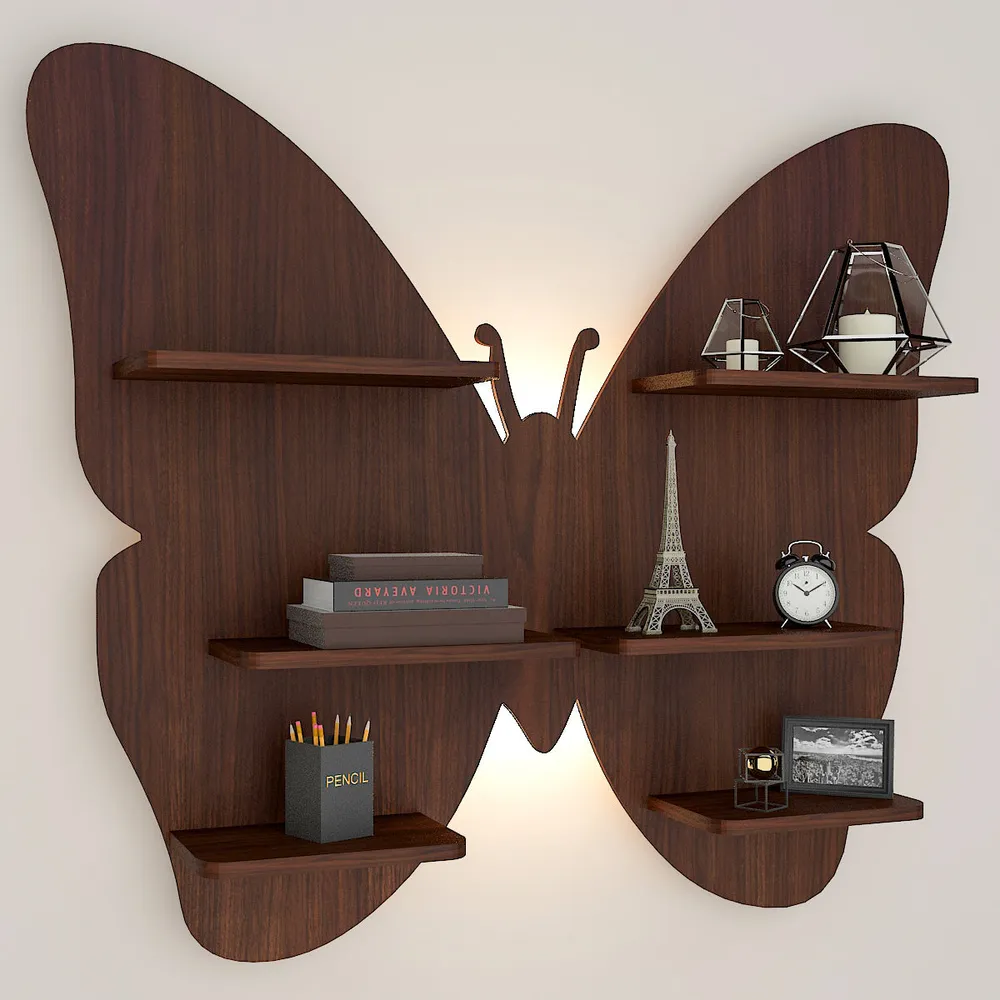 Butterfly Shape Backlit Wood Wall Shelf / Book Shelf / Night Light, Walnut Finish Regular ( 32 inches x 28 inches )