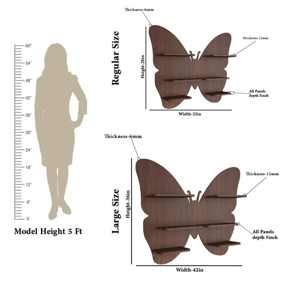 Butterfly Shape Backlit Wood Wall Shelf / Book Shelf / Night Light, Walnut Finish Regular ( 32 inches x 28 inches )
