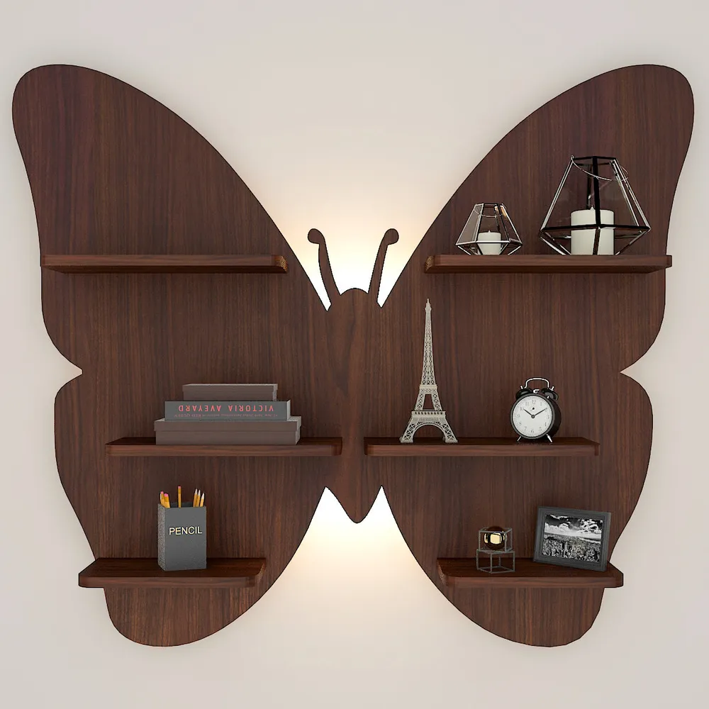 Butterfly Shape Backlit Wood Wall Shelf / Book Shelf / Night Light, Walnut Finish Regular ( 32 inches x 28 inches )