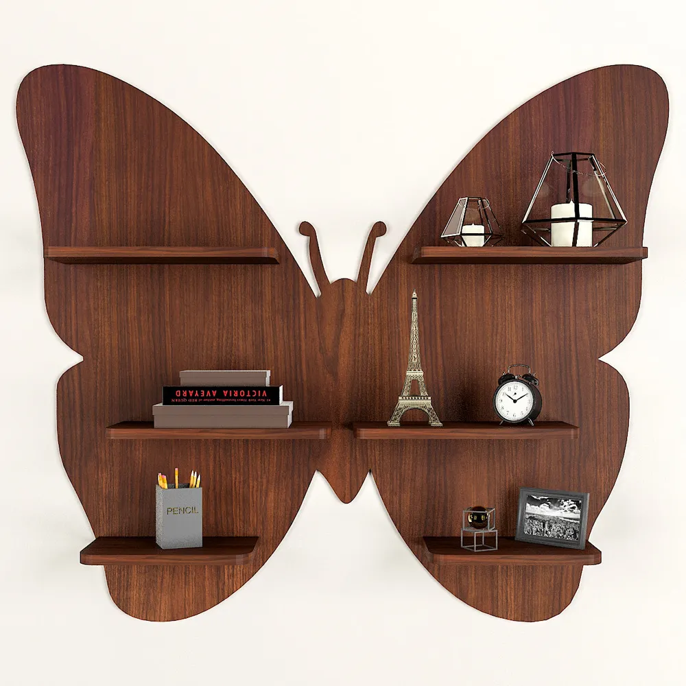 Butterfly Shape Backlit Wood Wall Shelf / Book Shelf / Night Light, Walnut Finish Regular ( 32 inches x 28 inches )