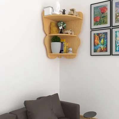 Butterfly Shape Wood Corner Wall Shelf / Book Shelf,Oak Finish