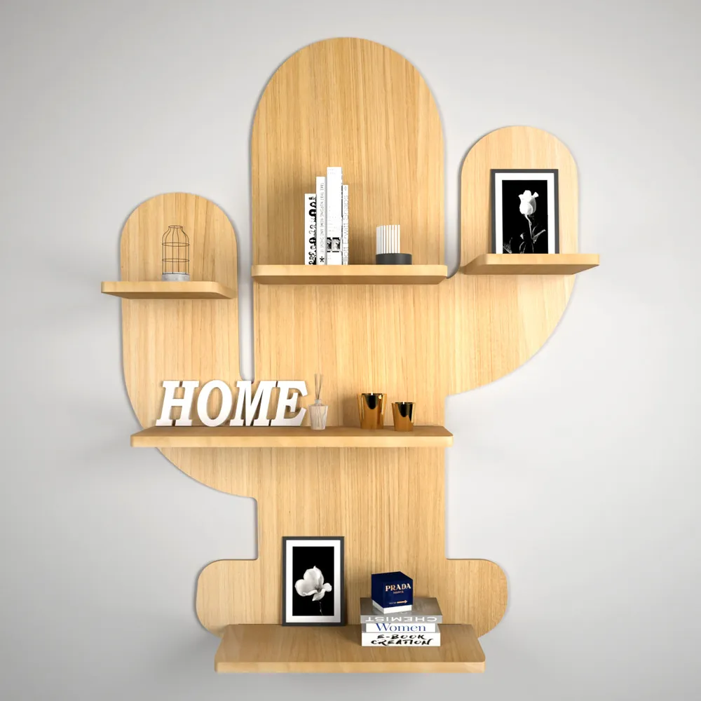 Cactus Shape Wood Wall Shelf / Book Shelf, Light Oak Finish Regular ( 23 inches x 32 inches )