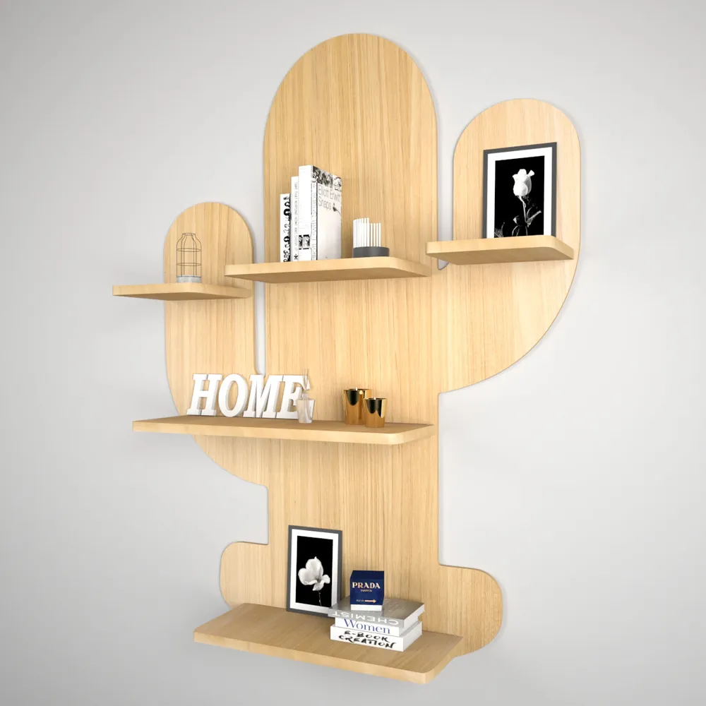 Cactus Shape Wood Wall Shelf / Book Shelf, Light Oak Finish Regular ( 23 inches x 32 inches )