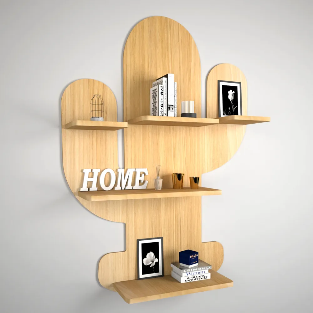 Cactus Shape Wood Wall Shelf / Book Shelf, Light Oak Finish Regular ( 23 inches x 32 inches )