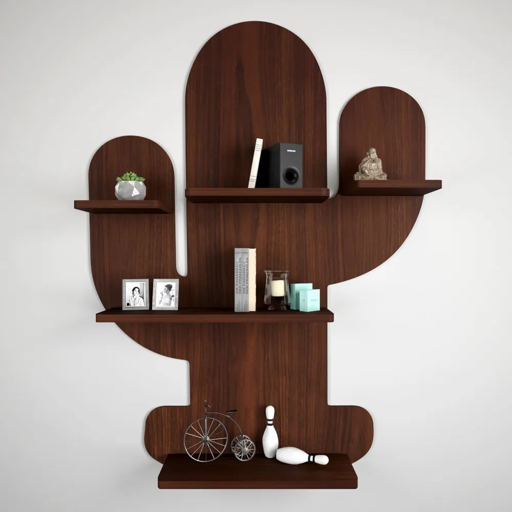 Cactus Shape Wood Wall Shelf / Book Shelf, Walnut Finish Regular ( 23 inches x 32 inches )