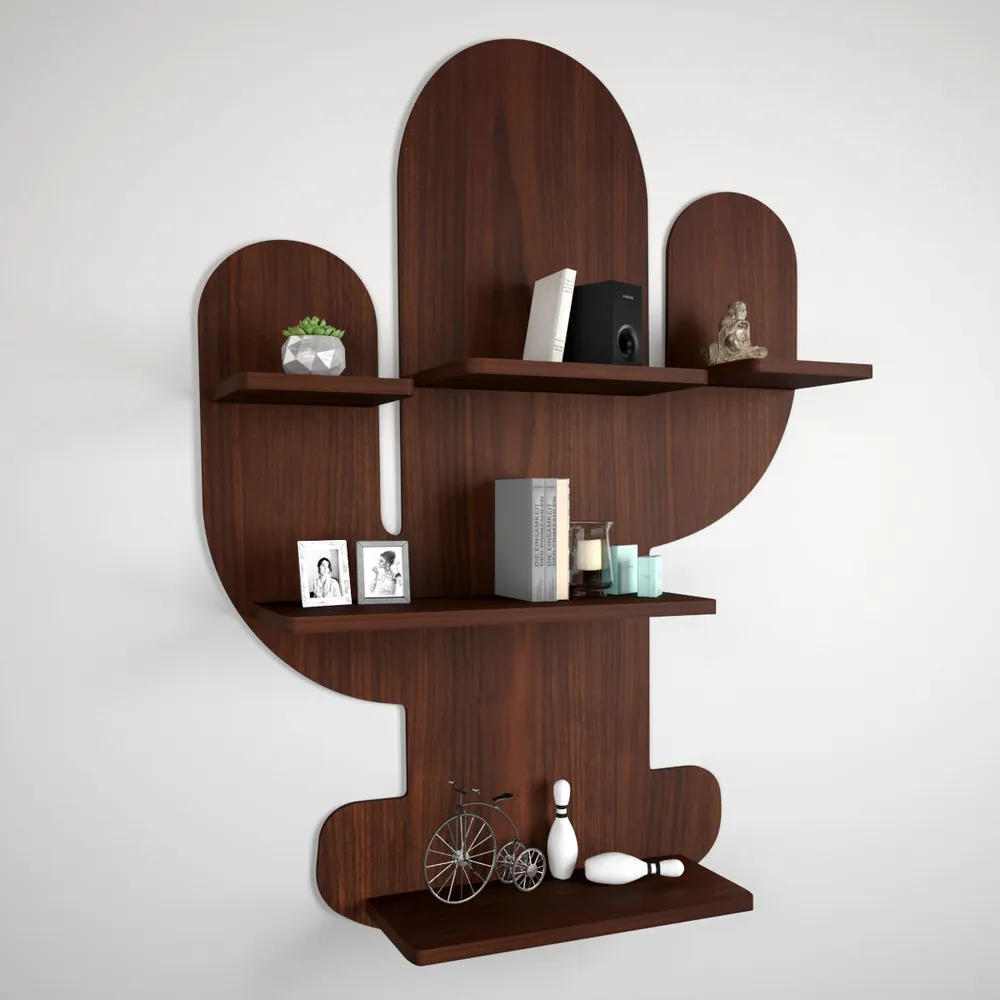 Cactus Shape Wood Wall Shelf / Book Shelf, Walnut Finish Regular ( 23 inches x 32 inches )