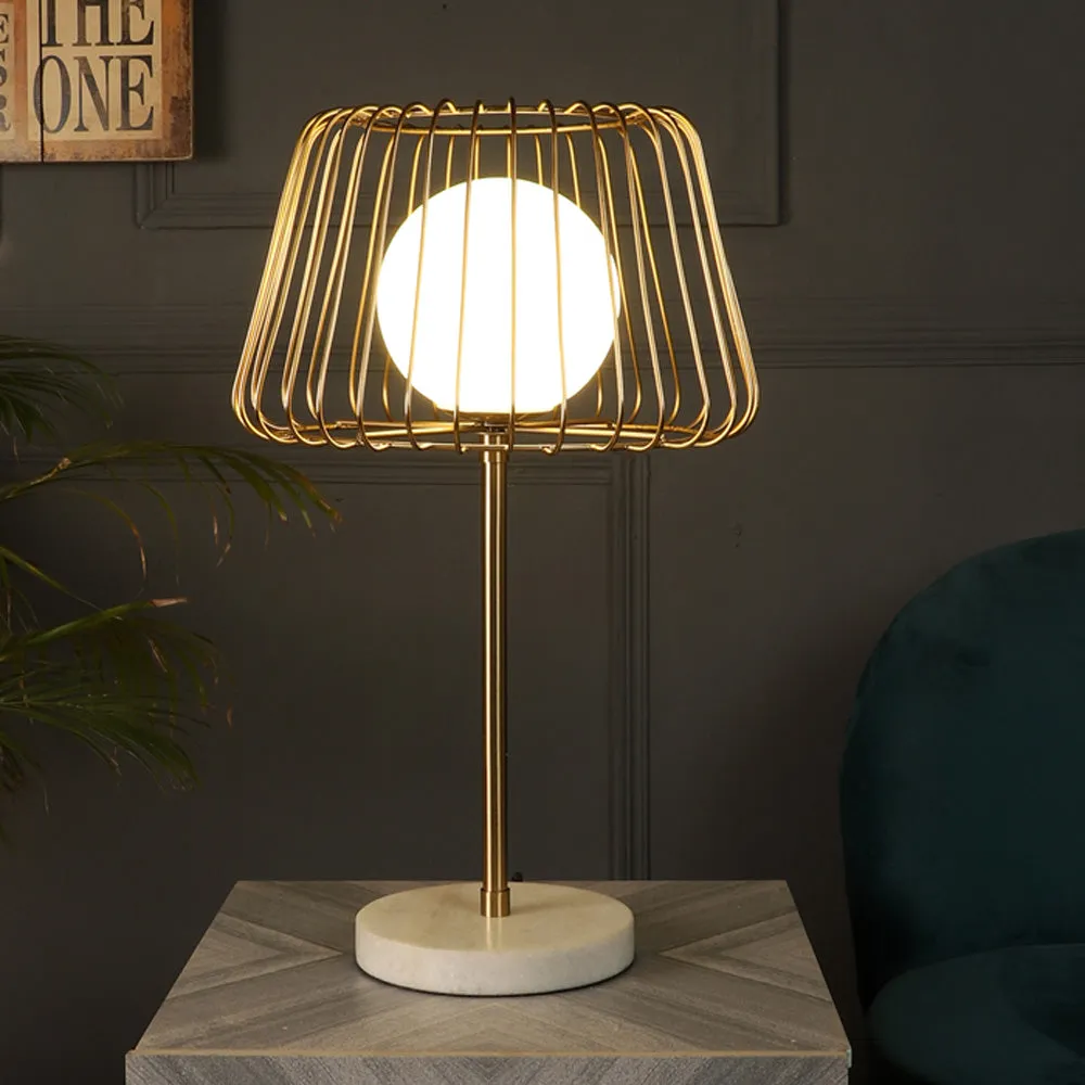 "Caged Orb" Gold Table Lamp with White Marble Base