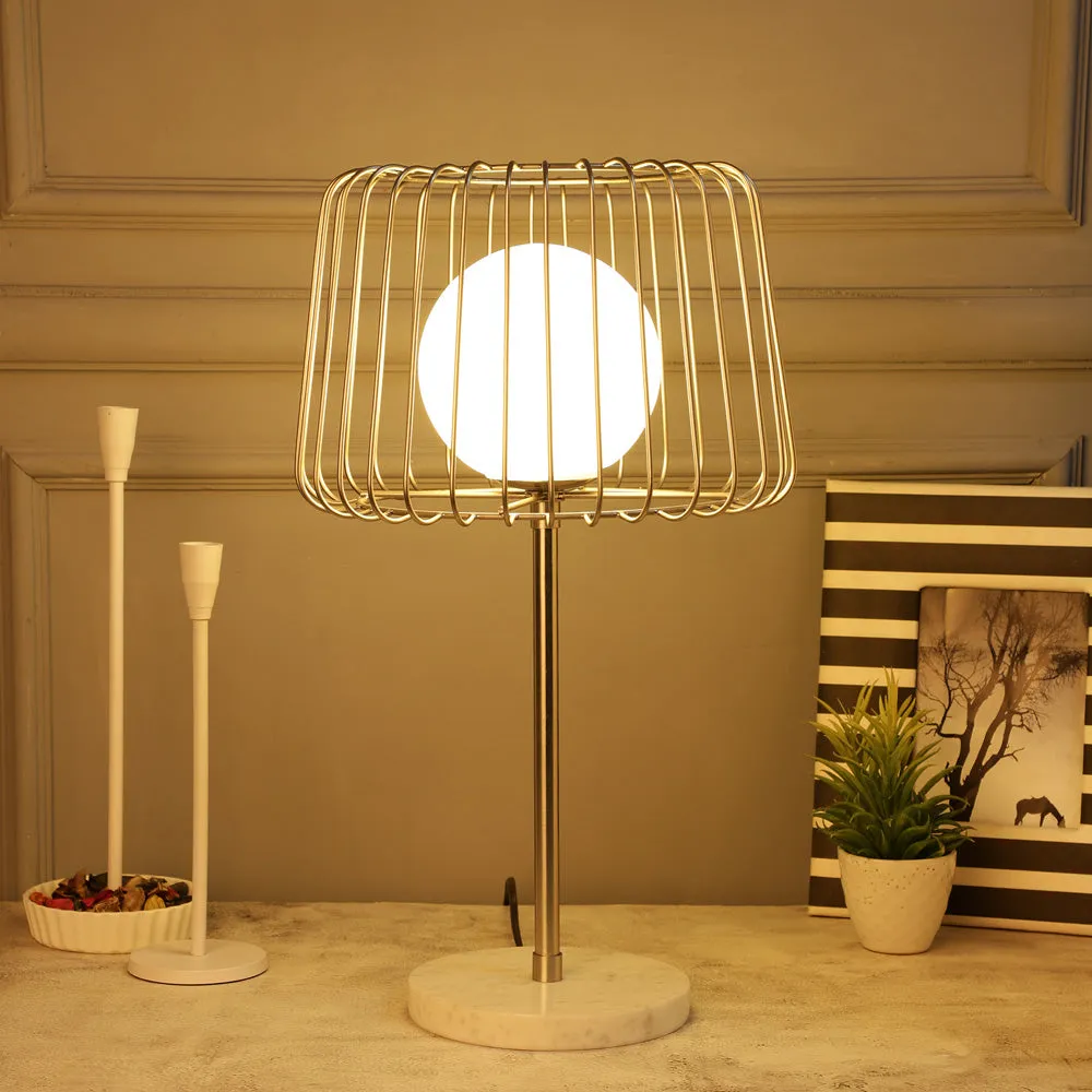 "Caged Orb" Silver Table Lamp with White Marble Base