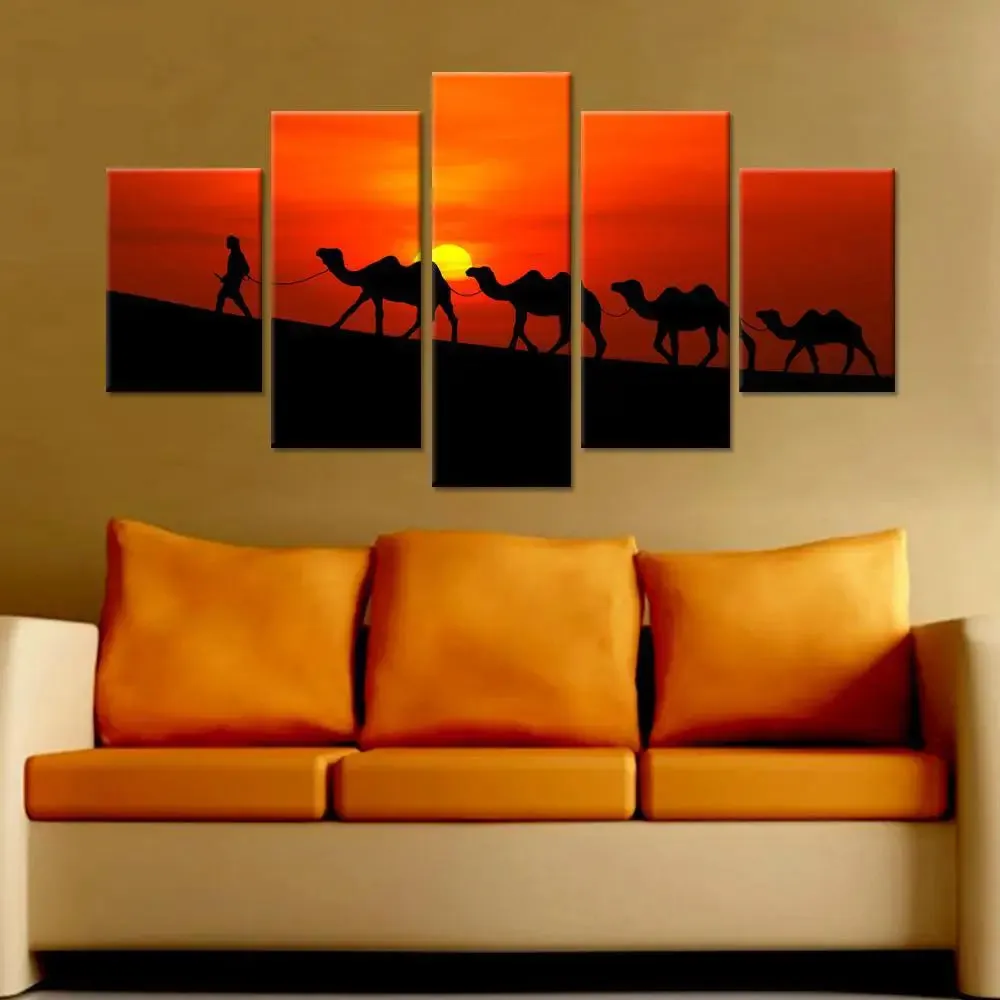 Camels in Sunset Scenery Wall Painting/5 Pieces Canvas Print Wall Hanging