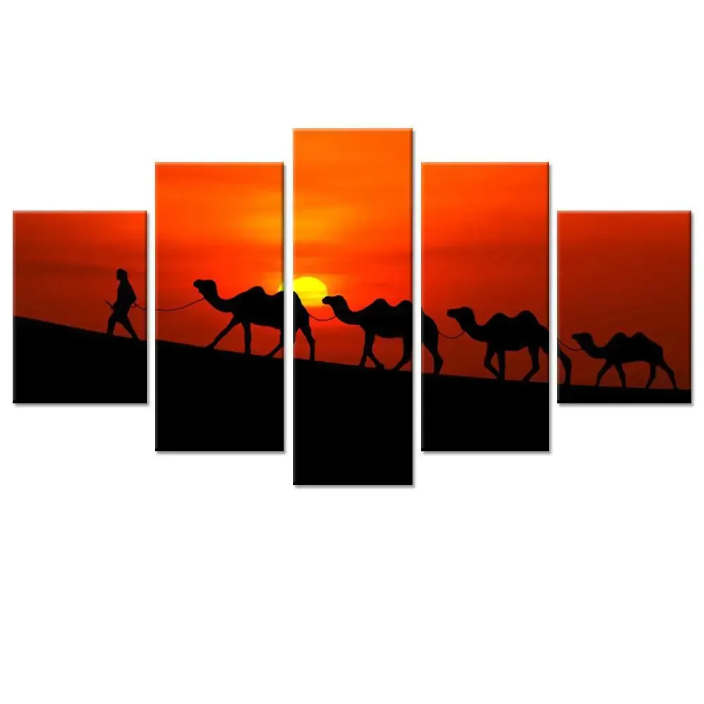 Camels in Sunset Scenery Wall Painting/5 Pieces Canvas Print Wall Hanging