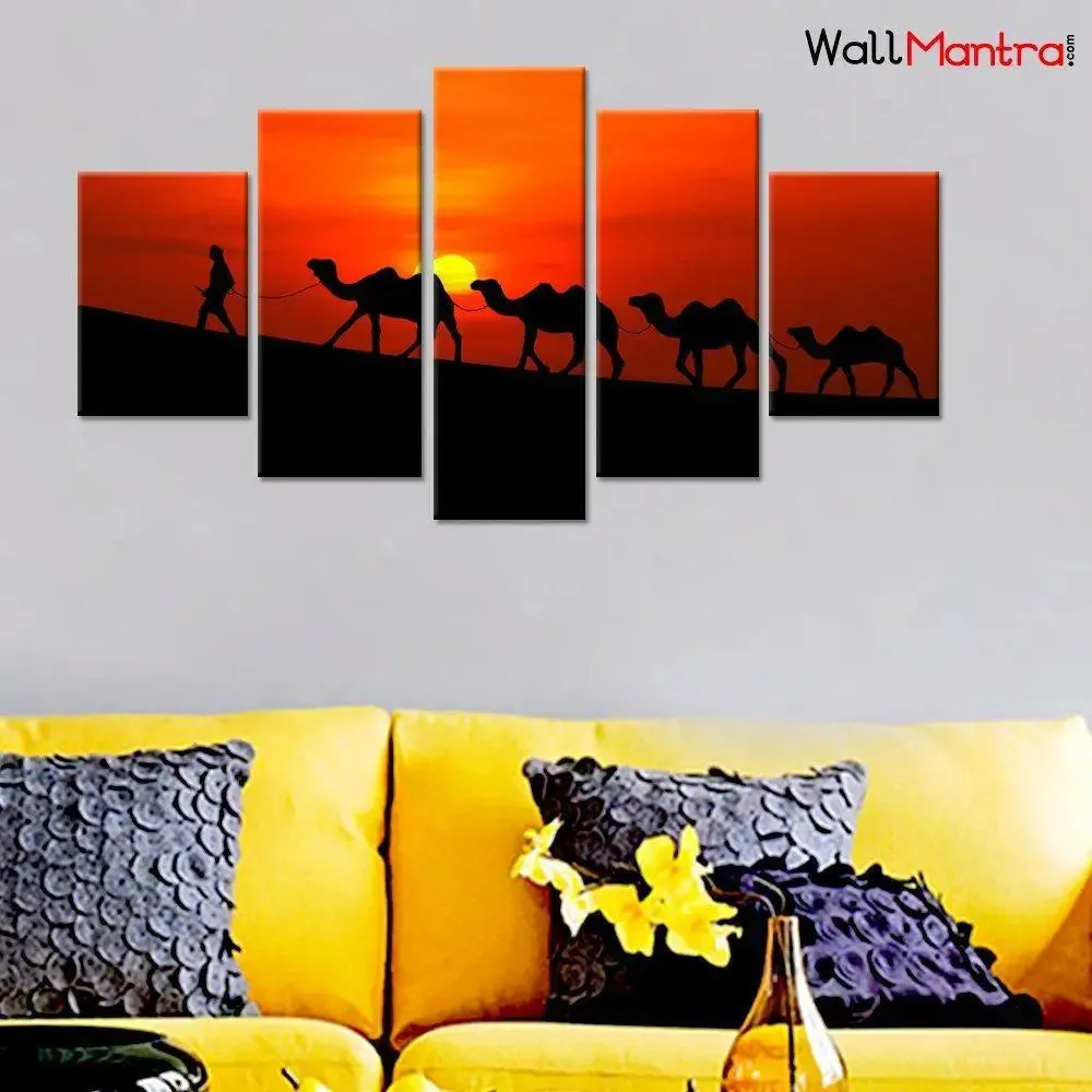 Camels in Sunset Scenery Wall Painting/5 Pieces Canvas Print Wall Hanging