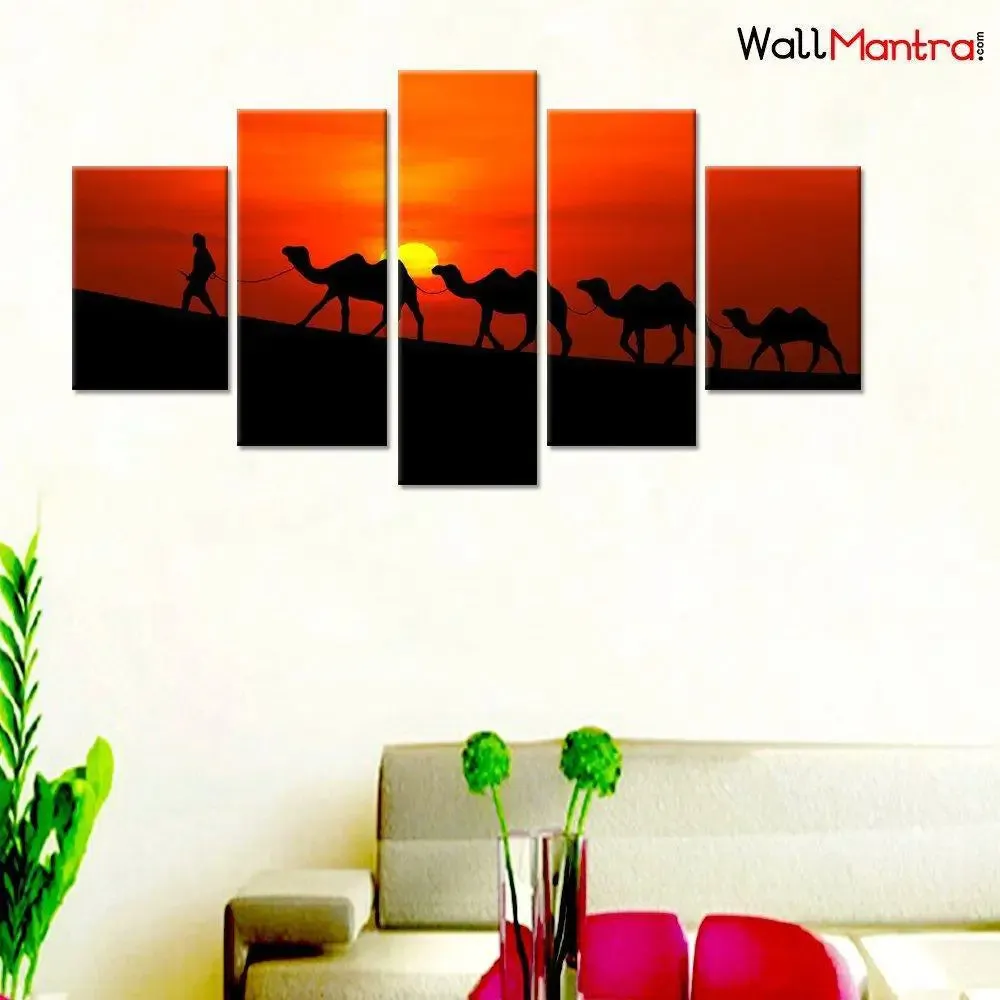 Camels in Sunset Scenery Wall Painting/5 Pieces Canvas Print Wall Hanging