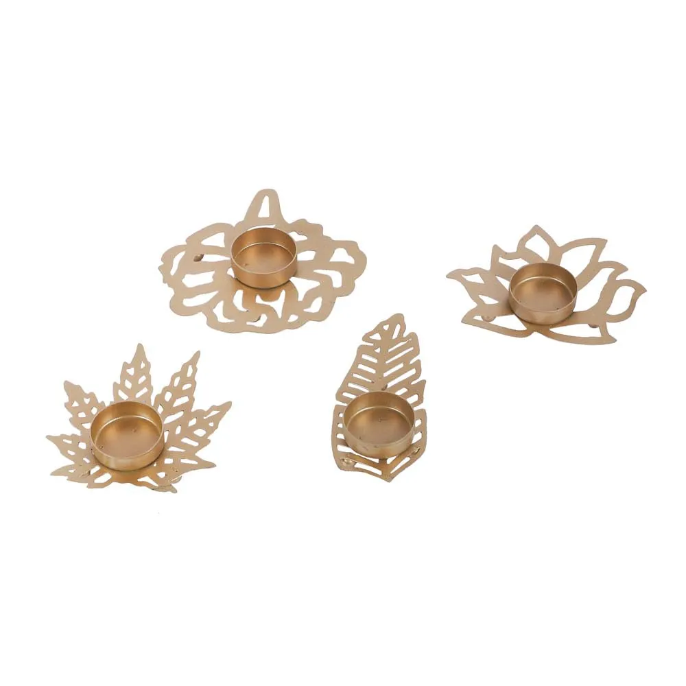 Carved Leaves Designer Metal Tea Light Candle Holders Set Of 4