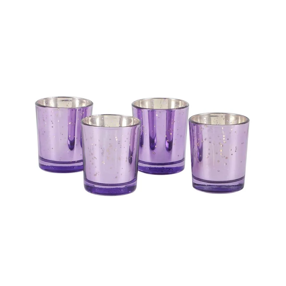 Carved Purple Designer Glass Tea Light Candle Holders Set of 4
