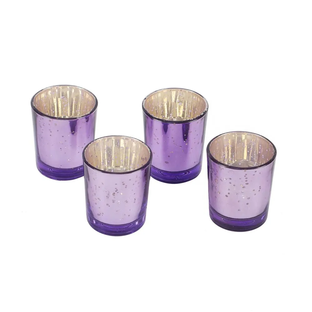 Carved Purple Designer Glass Tea Light Candle Holders Set of 4