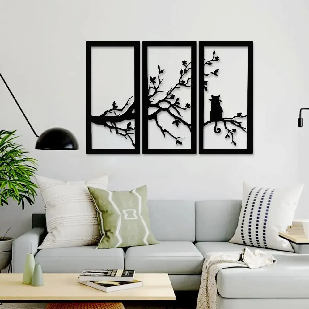 Cat on a Tree Design in Panels Black Color Wooden Wall Hanging Medium(18 inch X 26 inch)