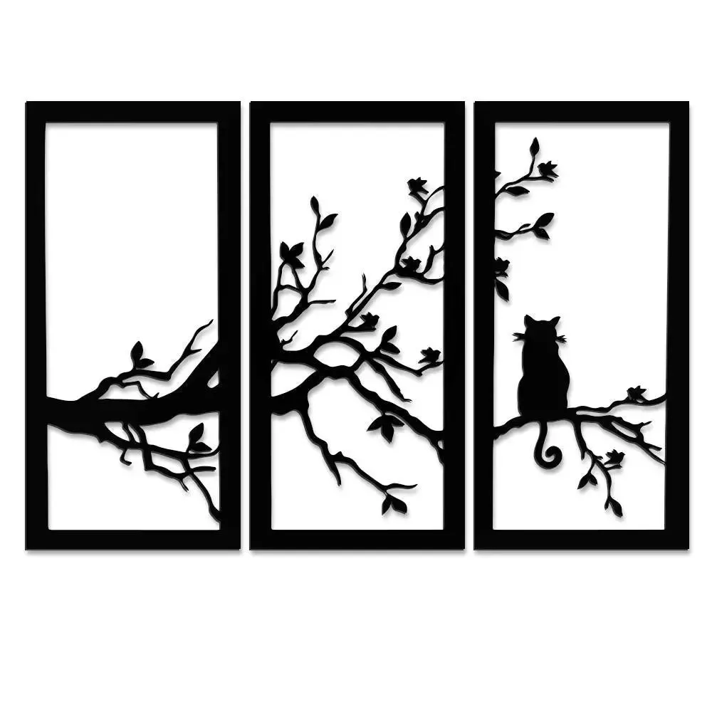 Cat on a Tree Design in Panels Black Color Wooden Wall Hanging Medium(18 inch X 26 inch)
