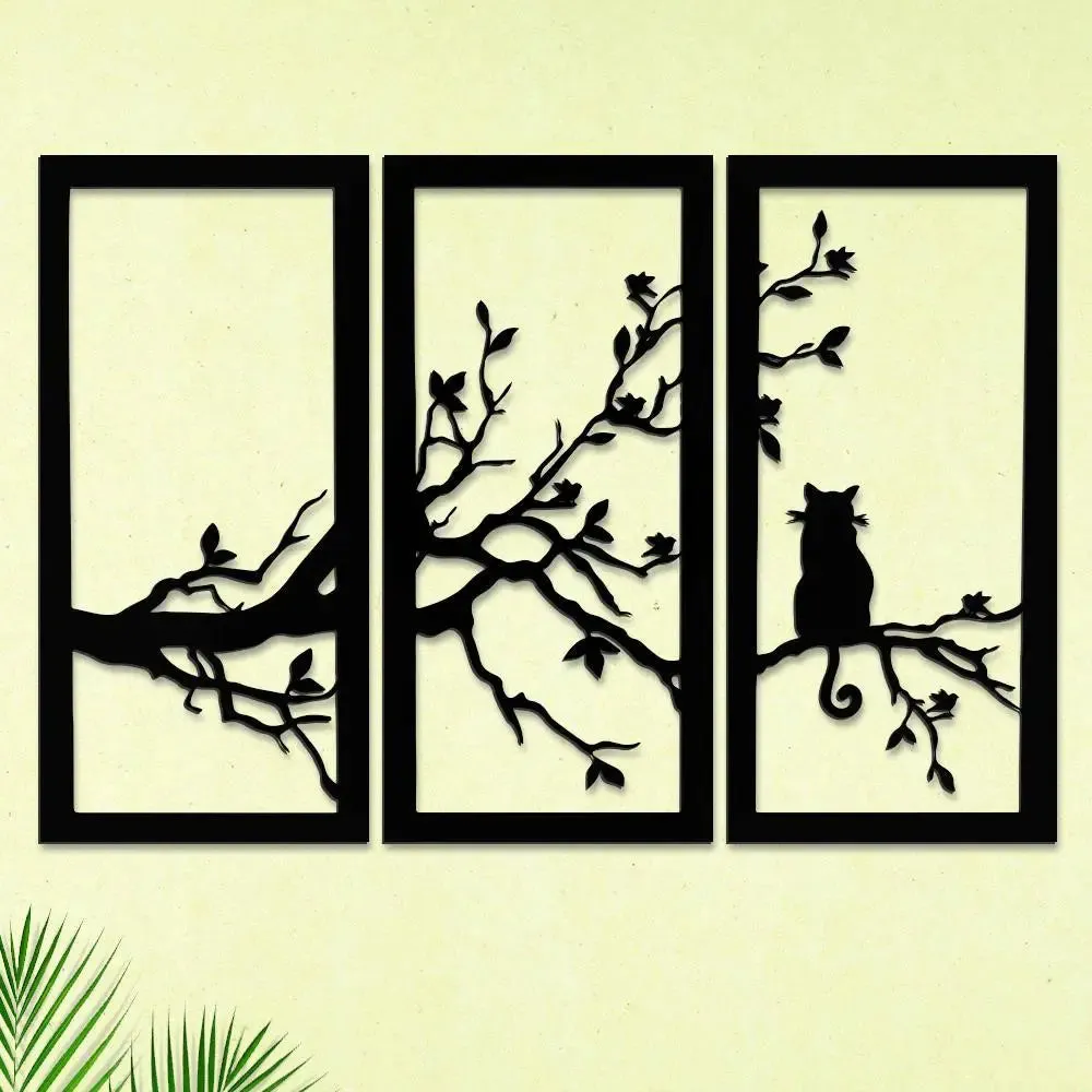 Cat on a Tree Design in Panels Black Color Wooden Wall Hanging Medium(18 inch X 26 inch)