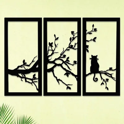 Cat on a Tree Design in Panels Black Color Wooden Wall Hanging