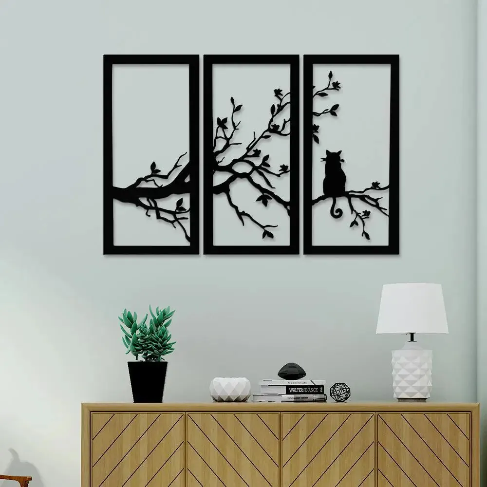 Cat on a Tree Design in Panels Black Color Wooden Wall Hanging Medium(18 inch X 26 inch)