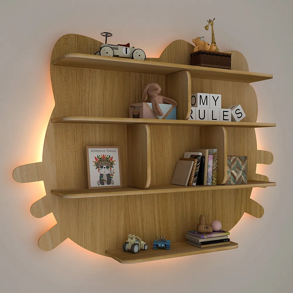 Cat Shape Backlit Wood Wall Shelf / Book Shelf / Night Light, Oak Finish Regular ( 32 inches x 24 inches )