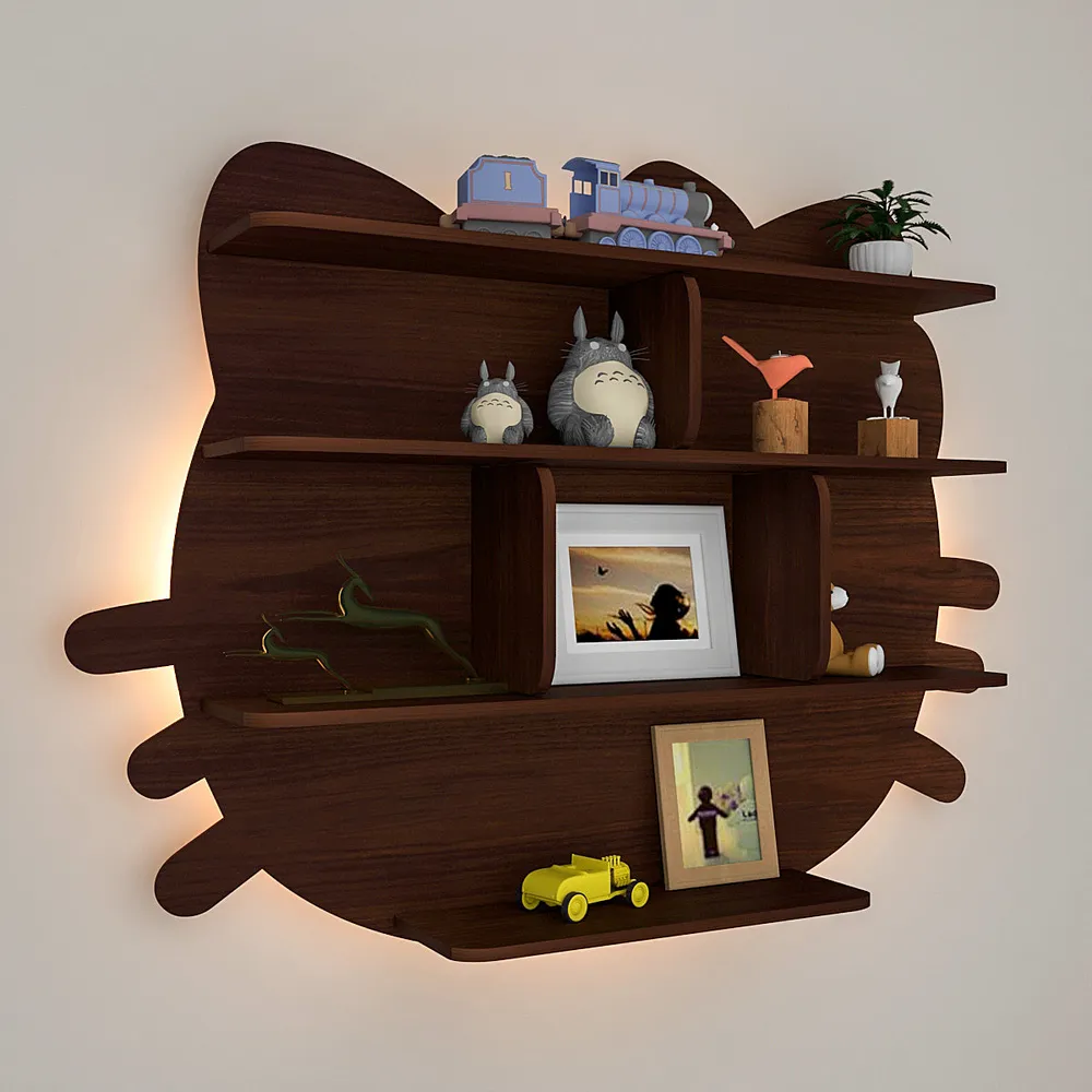 Cat Shape Backlit Wood Wall Shelf / Book Shelf / Night Light, Walnut Finish Regular ( 32 inches x 24 inches )