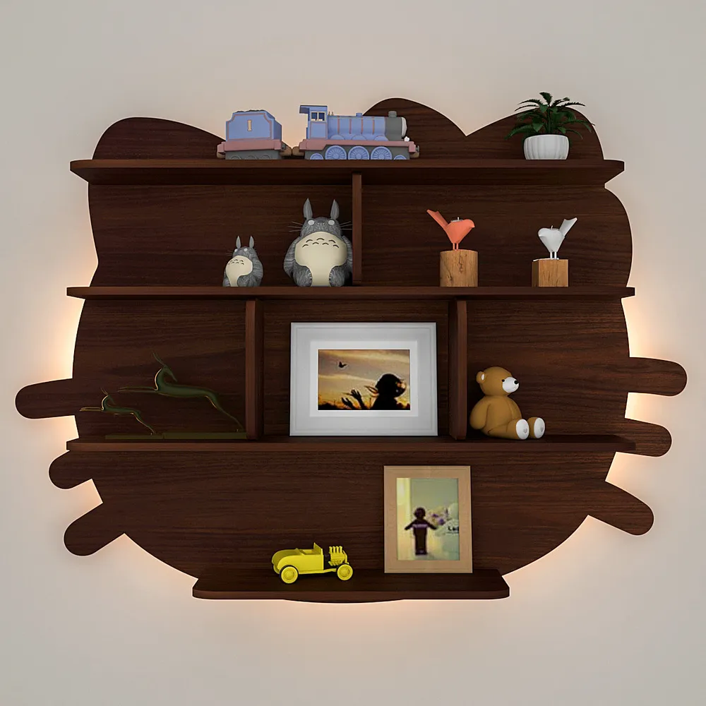 Cat Shape Backlit Wood Wall Shelf / Book Shelf / Night Light, Walnut Finish Regular ( 32 inches x 24 inches )