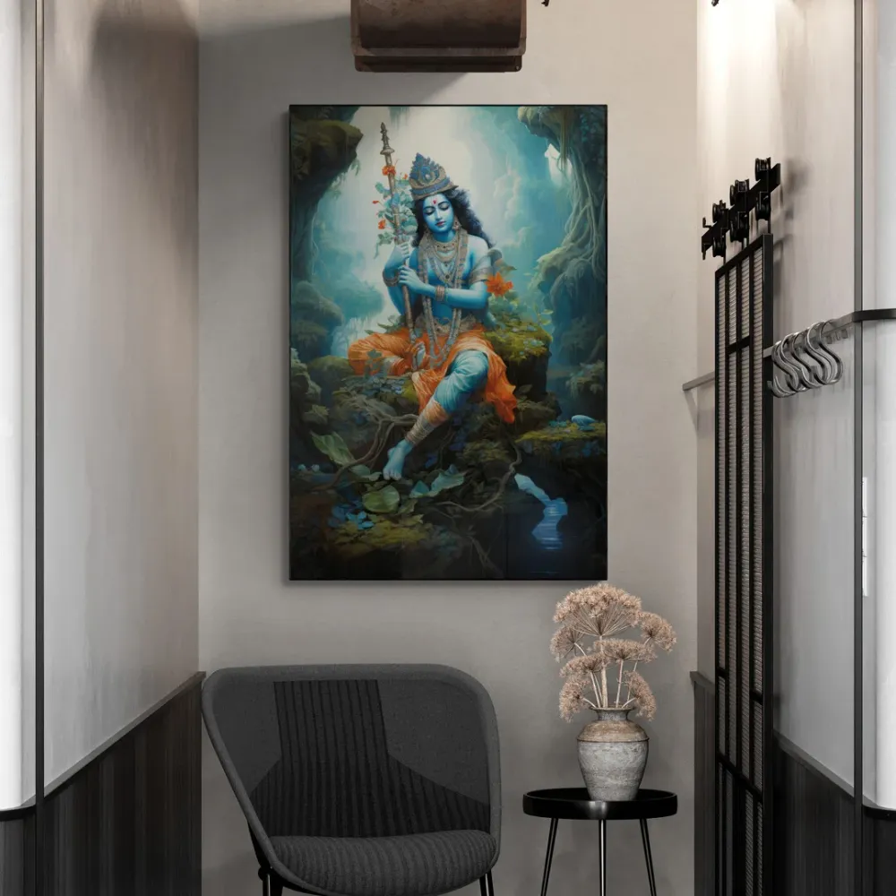 Celestial Reverie Krishna Canvas Wall Painting With Frame