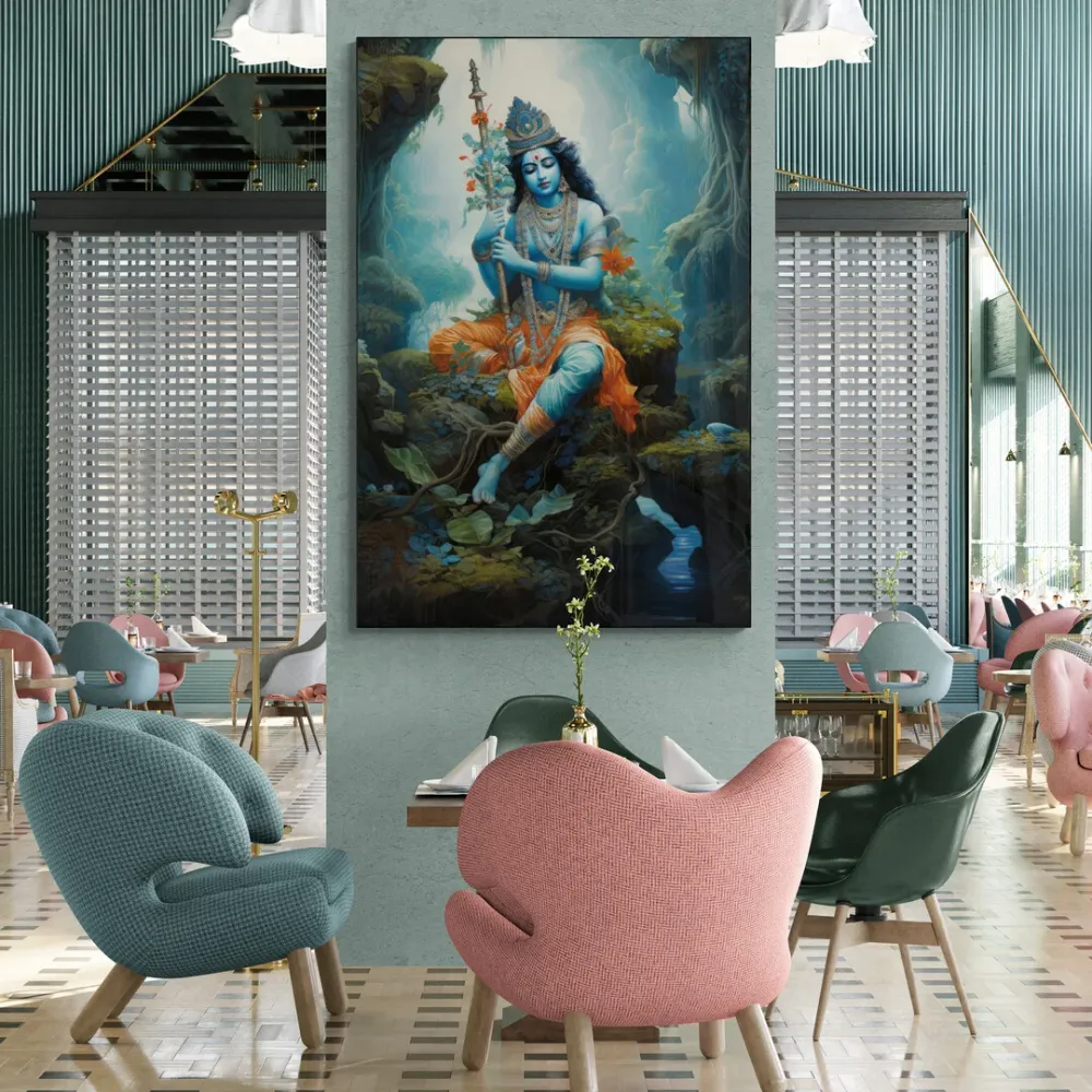 Celestial Reverie Krishna Canvas Wall Painting With Frame